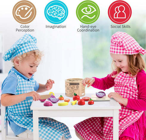 WHOHOLL Wooden Play Food for Kids Kitchen Playset - Montessori Pretend Cutting Food Toys for 2+ Year Old