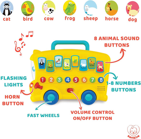 Animal Sounds Bus for Babies 6 Months+ with Lights, Music, Numbers, Volume Control, Educational Musical Toy