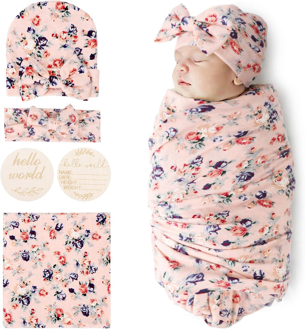 BQUBO Baby Girl Newborn Receiving Blanket with Bow Hat Headband, Wooden Birth Announcement Card Set