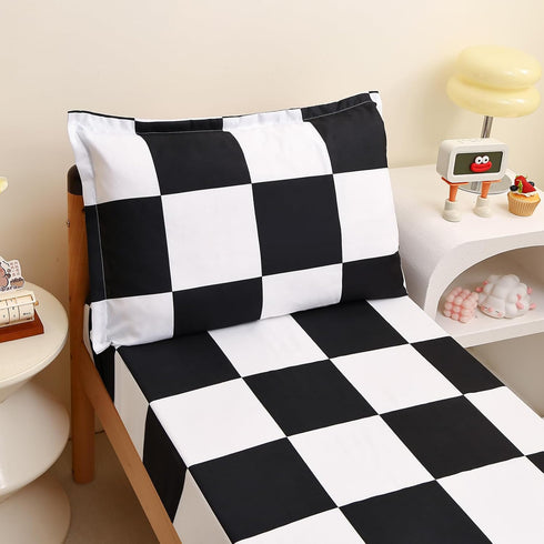 Set, Set, 4 Set Caressma Checkered Toddler Bedding Classic Black and White Plaid Bed Fluffy Grid Buffalo Plaid Pieces