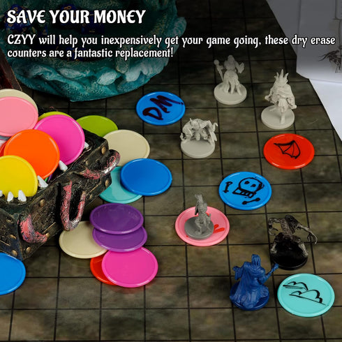 DND Wet & Dry Erase Tokens - Set of 100 Colorful Blank Counters for Tabletop RPGs