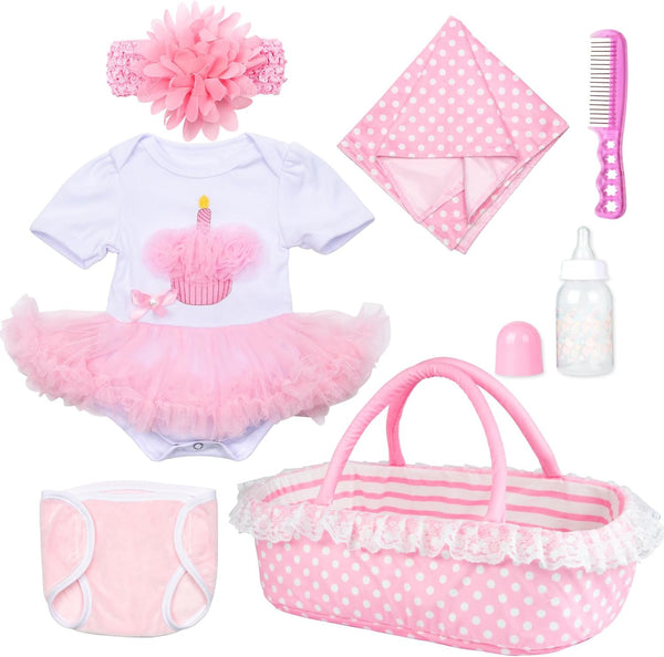 PEDOLLTREE Reborn Baby Dolls Clothes Girl Outfit Accessories Pink Tutu 7 Pcs