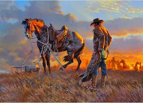najiaxiaowu Wooden 1000 Pieces Jigsaw Puzzles for Adults, Western Cowboy Rider Prairie Wind Flower Puzzle