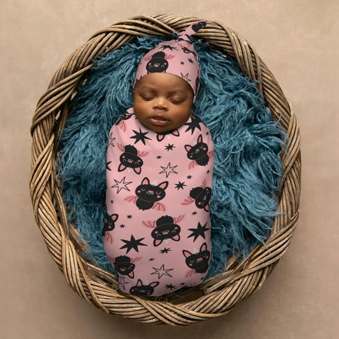 Halloween Cute Cartoon Bat Newborn Swaddle Blanket with Beanie Set, Soft Baby Sleep Sack Stretch Adjustable Wraps