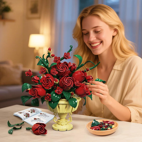 Set, 12+ PLAXSOON Rose Flower Building Mothers Day Botanicals Flowers Bouquet Building Block Kit with Pot, Artificial