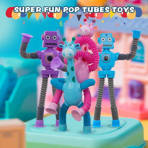 8Pack Kids(8 Pack Pop Tubes Robot Fidget Toys , Skeleton Fidget Pop Toys Telescopic Suction Cup Toy for Stress