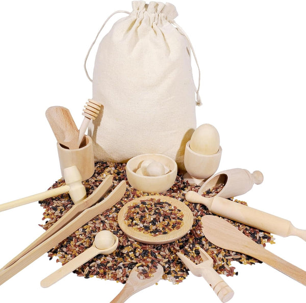 Hiawbon 25PCS Wooden Sensory Bin Tools for Toddlers, Wooden Pretend Play Sensory