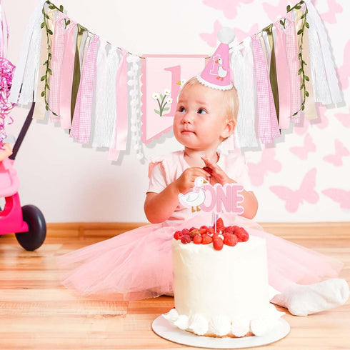 1st Goose Birthday Highchair Banner Hat Cake Topper Highchair Photo Prop for Birthday Party Decorations (Goose)