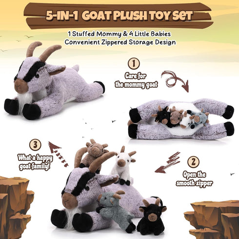 5 Set 18 Inch Mommy 4 Tummy HyDren Pcs Stuffed Goat Plush Toy Goat Stuffed Animal with Babies Plushies in Her Soft Farm