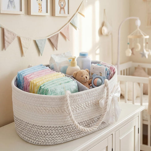 Zopeal Diaper Caddy Organizer Large Cotton Rope Baby Basket with Removable Divider Portable Nursery Storage for Diapers