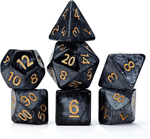Gate Keeper Games and Dice: Mercurial Dice - 7pc RPG Set, Deep Shimmering Black Resin & Gold Numerals