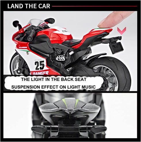 Pull Back Motorcycle Toys with Music Light - Race Motorcycles Gift for Boys 3-8 Years Old (RedWhite)