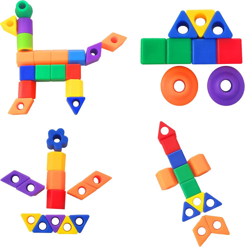 Plastic Lacing Beads for Kids (70 pcs) - Fun Shapes, Long String, Brilliant Colors, Educational Fine Motor Toys