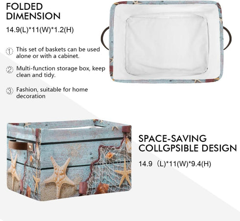 AUUXVA Summer Beach Sand Storage Basket Bin, Rustic Wooden Starfish Large Fabric Toys Storage Cube Box