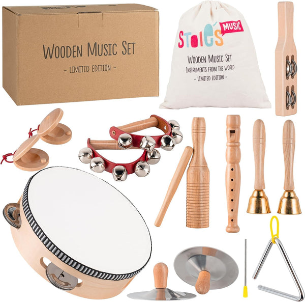Stoie's Wooden Toddler Musical Instruments with Drum, Flute, Hand Bells, Cymbals, Castanets,