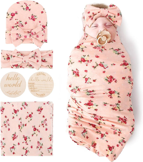 DRESHOW BQUBO Baby Girl Newborn Floral Receiving Blankets with Bow Hat, Wooden Birth Announcement Card Set