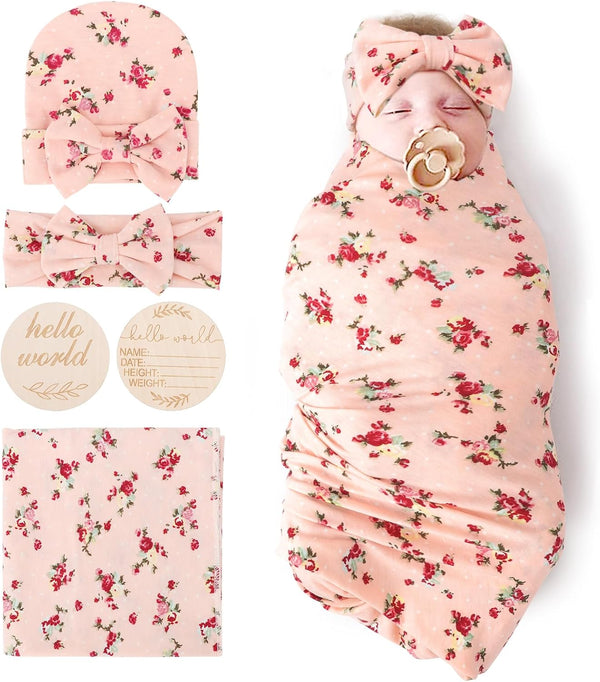 DRESHOW BQUBO Baby Girl Newborn Floral Receiving Blankets with Bow Hat, Wooden Birth Announcement Card Set