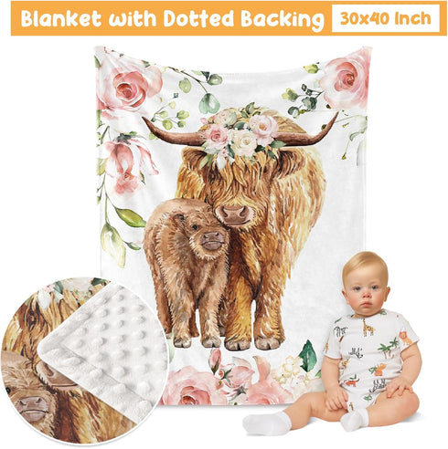 Set 3 Set Color01 Baby Crib Bedding - Highland Cow Design Nursery Bed Pcs - Chic Soft Blanket with Dotted Backing