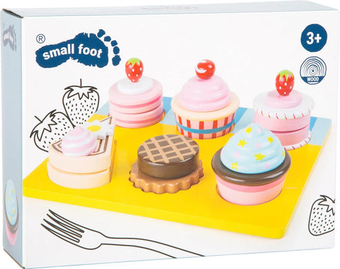Playset 13 Set 3+ Wooden Cupcake and Cake by Small Foot Piece - Cuttable Play Food with Interchangeable Velcro Toppings