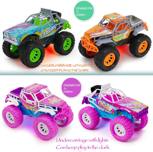 Toddler Girl Toys - 2 Pack Pink Car Monster Truck for Girls Age 2-6 with LED Lights and Music