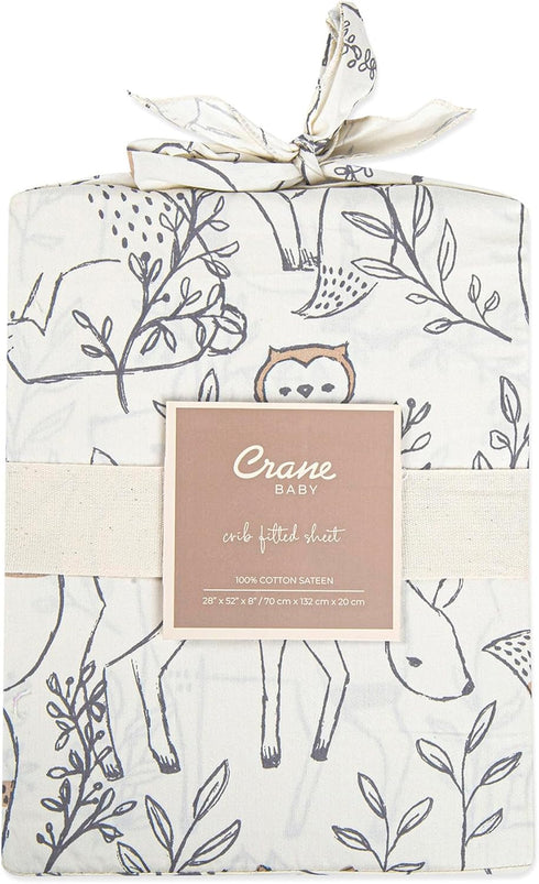 Crane Baby Crib Sheet, Woodland Crib Sheets for Boys and Girls, Soft 100% Cotton Sateen Baby Bedding