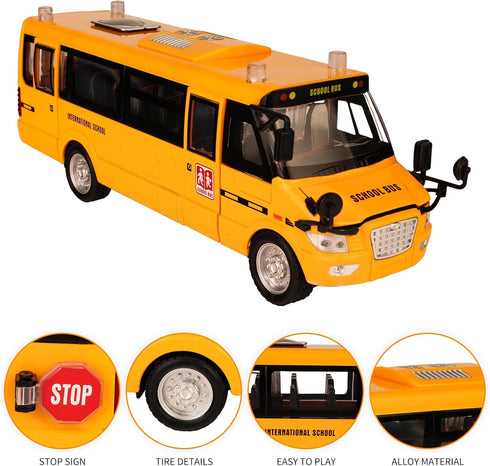 9" Large Bright Yellow School Bus, Pull Back Light Up and Sounds Die-cast Metal Toy Vehicle for Kids