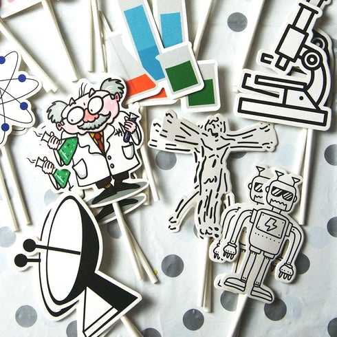 24pcs Science Theme Paper Cupcake Toppers, Mad Science Cake Decorations for Kids Astronomy Biology Chemistry Birthday