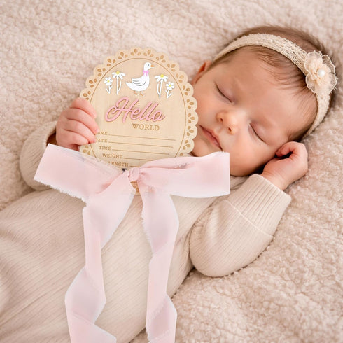 Penitue Hello World Newborn Sign, Double Sided Newborn Welcome Sign Wooden She's Here Baby Announcement Board New Birth