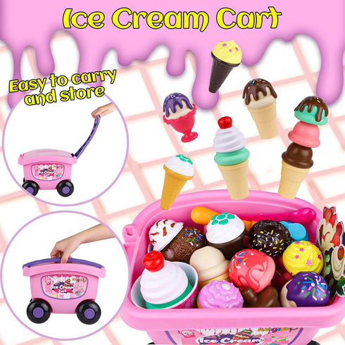 Magic4U 48 Set 3 4 5 6 Ice Cream Cart Toys for Kids, Piece Ice Cream Shop Pretend Play with Scooper, Toppings and Other
