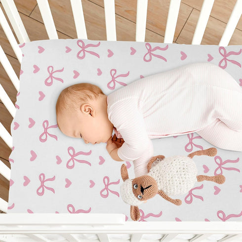 Sheet,39x27IN Pfrewn Crib Sheets for Boys Girls Aesthetic Pink Ribbon Bow Fitted Crib Sheet for Mini Crib Mattress