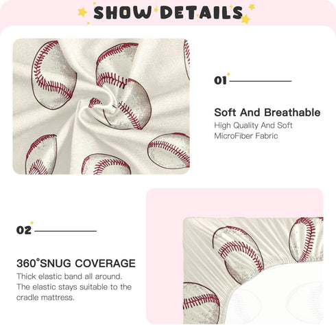 Mazeann 52" 28" 9" Baseball Balls Vintage Crib Sheets Soft Breathable Fitted Baby Crib Sheets Mattress Cover for Girls