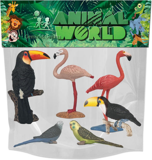 Gemini&Genius Bird Toys for Kids, 6Pcs Jungle Animal Bird Figures Gift Toys, Toucan, Parrot, Flamingo