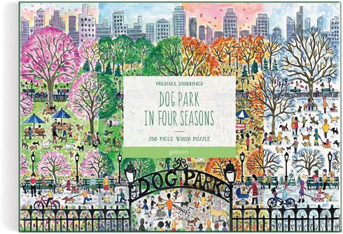 Michael Storrings Dog Park in Four Seasons 250 Piece Wood Puzzle from Galison - Artwork by Bestselling Puzzle Artist Michael Storrings, Thick and Sturdy Pieces, Makes a Unique Gift!
