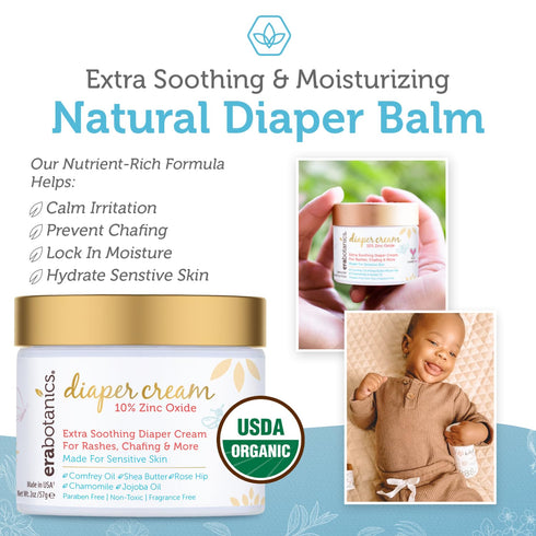 Era Organics Diaper Rash Cream For Baby - Extra Soothing and Moisturizing with Zinc Oxide, Organic Aloe Vera