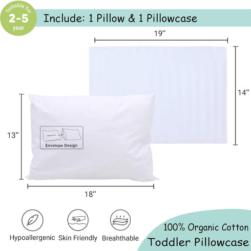 13x18 2 ZPECC Toddler Pillow with Pillowcase - Organic Cotton Hypoallergenic Kids Pillow, Baby Essentials for Travel