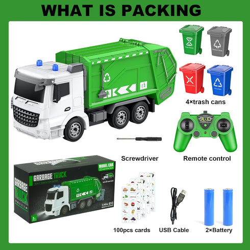 2.4Ghz Remote Control Garbage Truck Toys, 1/24 RC Garbage Truck with 4 Trash Cans, 6 Channel Waste Management, 100pcs