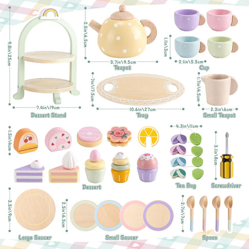 Set Set 2 3 4 5 6 3-6 Lonico Wooden Tea Party for Little Girls Toddler Tea with Cupcake Stand & Food Dessert, Play