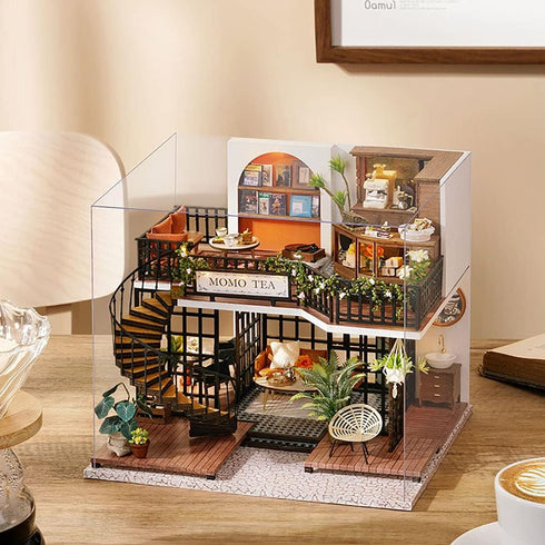 CUTEBEE Dollhouse Miniature with Furniture, DIY Wooden Dollhouse Kit Plus Dust Proof, Creative Room Idea(Forest Tea