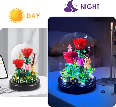 Water Bottle Sets 593 Flower Bouquets Building with LED String Light and Dust Cover, Pcs Flower Mini Brick Block, Red