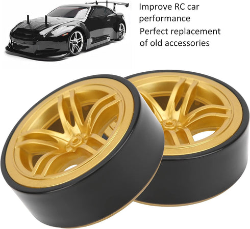 RC Car Drift Tires, 4PCS 6 Spoke Plastic Wheel Rims with Rubber Tires for 1/10 RC Drift Car (Golden)