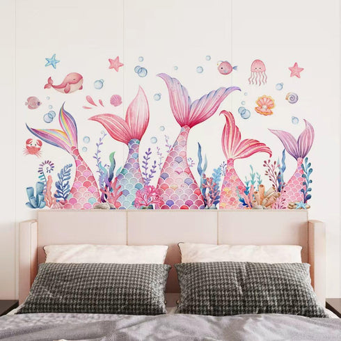MLM Mermaid Tail Wall Stickers Under The Sea Fish Pink Wall Decals Peel and Stick Wall Art Decor for Kids Bathroom