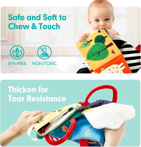 Baby Toys 0-6 Months, High Contrast Newborn Toys, Tummy Time Books with Crinkle, Squeaky Sounds