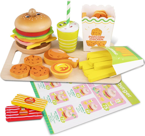 Set 3 4 5 Montessori Toys Pretend Play Food for Year Old, Wooden Fast Food Play Kitchen with Hamburger, Fries, Egg