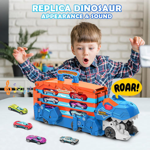 8 Set 3 4 5 6 7 VATOS Toddler Truck Toy - Ejection Folding Dinosaur Track, Portable Truck Car with Race Cars, Best Gift