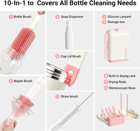 10 1 Set Aynmer Baby Bottle Brush, in Travel Baby Bottle Cleaner Brush with Silicone Brush, Nipple Brush, Straw Brush