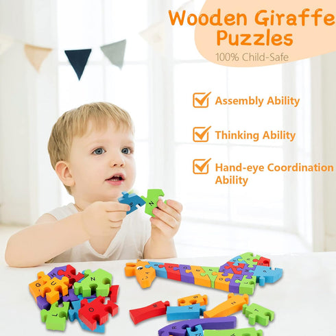 LovesTown Giraffe Wooden Puzzle - 26PCS Jigsaw Puzzle with Alphabet and Number Blocks for Preschool Kids