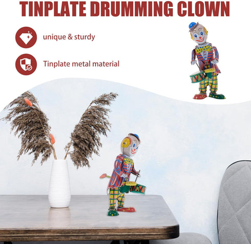 STOBOK Wind up Tinplate Drumming Clown Toy, Retro Collectible for Home and Office Decor