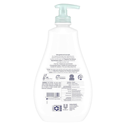 Baby Dove Sensitive Skin Care Baby Wash For Bath Time, Moisture Fragrance Free and Hypoallergenic, Washes Away Bacteria 20 oz