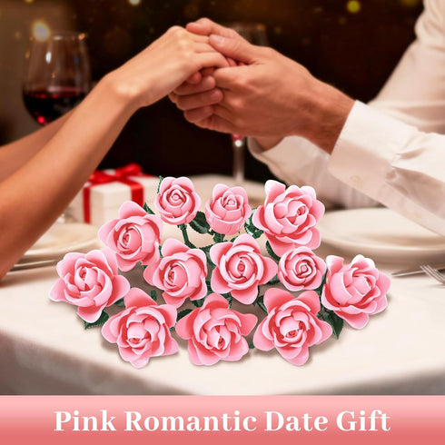 Set, Pink Roses Flower Bouquet Building Artificial Flowers Botanical Collection Compatible with Lego Flowers for Adults