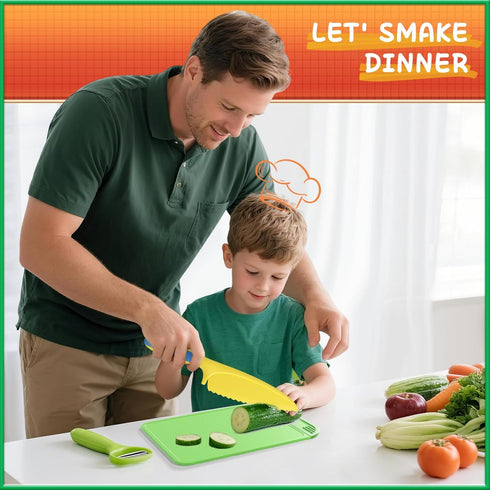 Set 3 4 5 6 7 8 Kids Kitchen Knife for Real Cooking with Storage Box Green, Montessori Kitchen Toy with Cutting Board